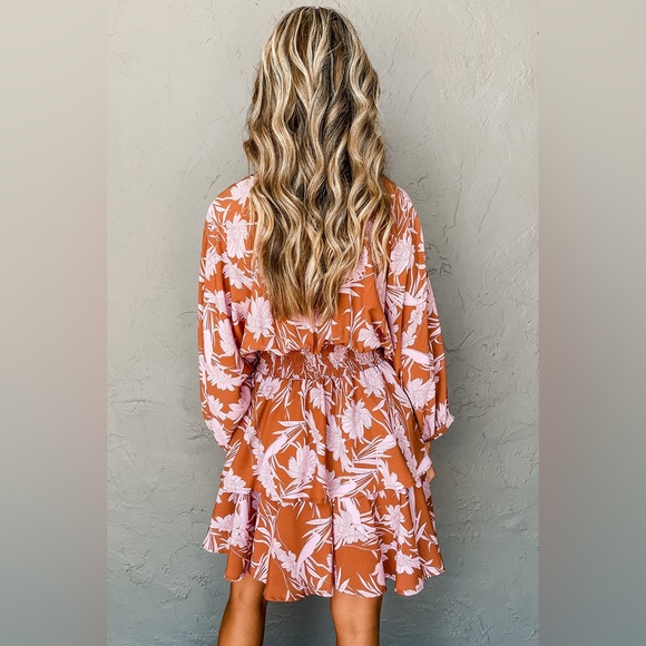 Brown Floral Puff Sleeve Smocked Waist Layered Dress Bohemian MIDI - Picture 11 of 13